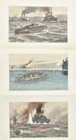 cca 1900 Hadihajók és tengeralattjárók harca, kihajtható offszet illusztreráció, 28x51 cm