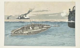 cca 1900 Hadihajók és tengeralattjárók harca, kihajtható offszet illusztreráció, 28x51 cm