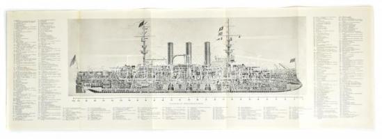 cca 1900 Csatahajó hosszmetszete, kihajtható offszet illusztráció, 28x85 cm