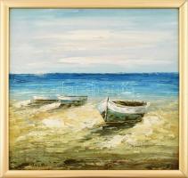 J Weber jelzéssel: Csónakok a vízparton. Olaj, vászon. Fa keretben. 50x50 cm