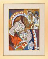 Józsa János (1936-2016): Anya gyermekével. Tűzzománc. Jelzett. Dekoratív keretben, 37x27 cm