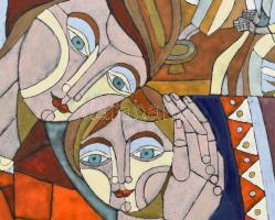 Józsa János (1936-2016): Anya gyermekével. Tűzzománc. Jelzett. Dekoratív keretben, 37x27 cm