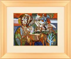 Józsa János (1936-2016): Csodaszarvas. Tűzzománc. Jelzett. Dekoratív keretben, 27x37 cm