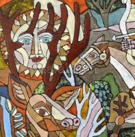 Józsa János (1936-2016): Csodaszarvas. Tűzzománc. Jelzett. Dekoratív keretben, 27x37 cm