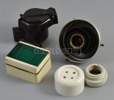 5 db különféle kapcsoló, konnektor, lámpatest, valamint egy porcelán foglalat. Különféle méretben, változó állapotban.