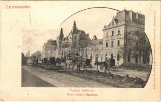 1902 Temesvár, Timisoara; Vasúti indóház, vasútállomás, lovashintók. Moravetz Gyula kiadása / railway station, horse chariots