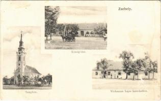 1909 Széphely, Szóphely, Zsebely, Jebel; községháza, templom, Wirkmann Lajos kereskedése, üzlet / town hall, church, shop (Rb)