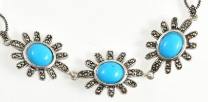 Ezüst(Ag) virágos gyűrű, markazittal és kék kővel, jelzett, h: 18,5 cm, bruttó: 15,01 g