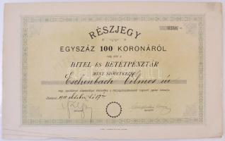 Budapest 1910. Hitel és Betétpénztár részjegye 100K-ról szelvényekkel, szárazpecséttel T:I-,II