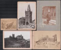 cca 1862-1911 Régi fotó tétel: vizitkártyák, portrék, családi fotók, férfi díszmagyarban, városképek, vasút, 14 db keményhátú fotó különböző műtermekből, 9,5x6 cm és 25x20 cm közötti méretben