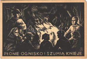 1935 Plonie ognisko i szumia knieje / Polish scout art postcard, sitting by the campfire s: Wincentego Gawron + "1935 Jubileuszowy Zlot Harcerstwa Polskiego Spala" So. Stpl. (EM)