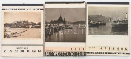 cca 1930-1940 3 db Budapest képes naptár, olasz és német nyelvű, hiányokkal, két lap lejár. 24x19 cm
