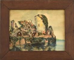 Mayer Imre jelzéssel: Erőd a víz partján. Akvarell, papír. Mellé fa keret, 21,5×29 cm