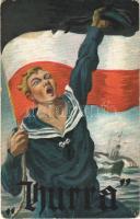 1916 Hurra / WWI Imperial German Navy (Kaiserliche Marine) art postcard, mariner with German flag. L&P 1744. (EK)