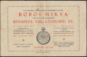 1938 Boros Miksa órás-ékszerész Budapest számlajegyzéke, hátoldalán reklámjával, hajtva, jó állapotban