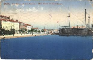 1911 Molo Bellona mit Hotel Miramar / SMS Bellona az Osztrák-Magyar Haditengerészet uszály laktanyája a matrózoknak (ex SMS Kaiser) és a Miramar szálloda / K.u.K. Kriegsmarine Wohnschiff / Austro-Hungarian Navy barracks ship for mariners in Pula. Dep. A. Bonetti (EB)