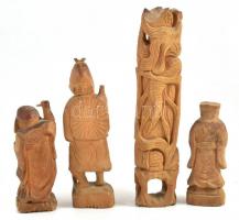 4 db távol keleti faragott fa figura. nevető Buddha, bölcs, 11-20 cm