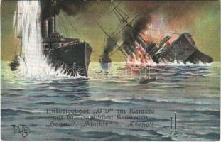 SM Unterseeboot &quot;U 9&quot; im Kampfe mit den englischen Kreuzern &quot;Hogue&quot;, &quot;Aboukir&quot; u. &quot;Cressy&quot; / WWI Imperial German Navy (Kaiserliche Marine) art postcard, U-9 submarine sinks 3 English armored cruisers. L&amp;P 1712. s: Arthur Thiele (szakadás / tear)