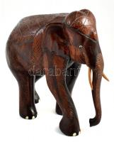 Elefánt. Faragott keményfa szobor, csont és gyöngyház betétekkel. 23 cm