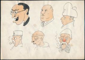 Jelzés nélkül: Humoros rajzok, karikatúrák, 2 db. Tus, akvarell, papír, 28x19,5 cm