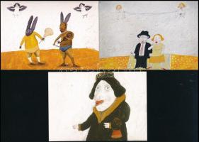 cca 2005-2010 Für Emil (1967-) festőművész 3 festményéről készült képeslap reprodukció, részben judaika témájú. 10,5×15 cm