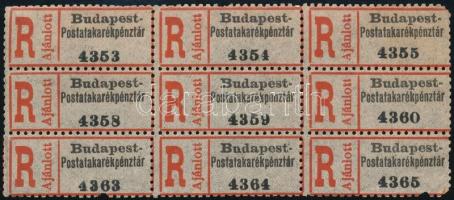 Budapest-Postatakarékpénztár ajánlási ragjegy 9 db-os ívdarabban