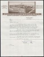 1934 Hofmann&Czerny a.G. Wien Hofpianoforte- u. Harmoniumfabrik fejléces levélpapírjára írt levél, rajta a gyár látképével