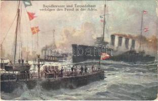 Rapidkreuzer und Torpedoboot verfolgen den Feind in der Adria. K.u.K. Kriegsmarine. Offizielle Postkarte des Österreichischen Flottenvereines zu Gunsten der Kriegsfürsorge. Postkartenverlag Brüder Kohn B.K.W.I. / WWI Austro-Hungarian Navy art postcard, Helgoland-class scout cruisers pursue the enemy in the Adriatic Sea s: Alex Kircher (EK)