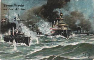 Treue Wacht an der Adria / WWI Austro-Hungarian Navy art postcard, K.u.K. Kriegsmarine, battleships. L&P 1713. s: Arthur Thiele (vágott / cut)