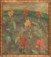 Jelzés nélkül: Virágos kert. Olaj, vászon. Sérült fa keretben. 36,5x33 cm