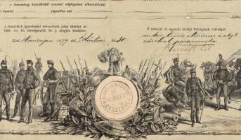 1877 Díszes, illusztrált, címeres végelbocsátási okmány, M. k. Heves Kunsági 47. zászlóalj. Sérült, ...