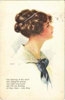 1913 The dawning of the morn... Lady art postcard. New World Girl Nr. 6. Bellge Co. (EK)