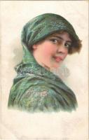 Lady art postcard. litho (fl)