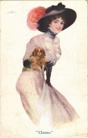 Chums Lady art postcard, lady with dog (EK)