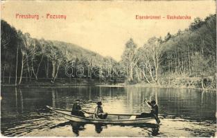 1909 Pozsony, Pressburg, Bratislava; Vaskutacska, tó, csónak. W.L. Bp. 2420. Josef Skoda / Eisenbrünnel / Zelezná Studénka / lake, boat