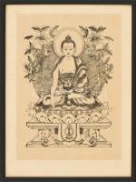 Buddha lótuszvirággal. Stencilezett nyomat, papír. Üvegezett keretben. 27x20,5 cm