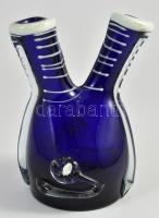 Dekoratív kétfejű üveg váza, kék-fehér, kis kopásnyomokkal, m: 20 cm