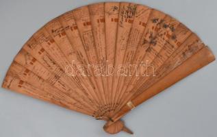 cca 1890-1900 Antik emlék fa legyező, kézzel festett rajzokkal, kézzel írt dedikációkkal szólásokkal...