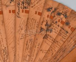 cca 1890-1900 Antik emlék fa legyező, kézzel festett rajzokkal, kézzel írt dedikációkkal szólásokkal...