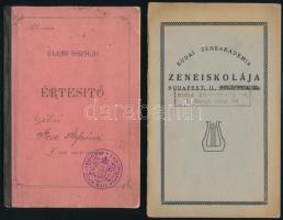 1898-1942 Elemi iskolai értesítő és rendszabályzat I. osztályos tanuló részére az 1898-1899. iskolai évről + Budai Zeneakadémia zeneiskolája ellenőrző- és leckekönyv az 1941-1942. tanévre, felvételi lappal