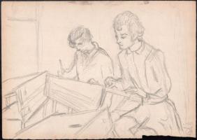 caa 1950-1960 Iskolások rajzai, melyek hátoldalán feltehetően a tanár művészi vázlatai vannak