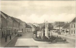 1957 Modor, Modra; pomník L. Stúra / Ludovit Stúr emlékmű, autóbusz, automobil, üzletek / monument, autobus, automobile, shops