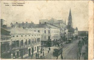 Lviv, Lwów, Lemberg; Ulica Gródecka / street view, tram, shops (r)