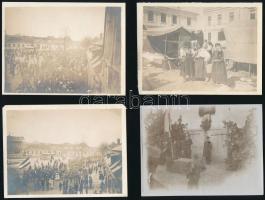 cca 1910-1920 Kárpátalja, 4 db fotó, közte vásár a técsői takarékpénztár előtt, felvonulás, beszéd, 9×12 cm