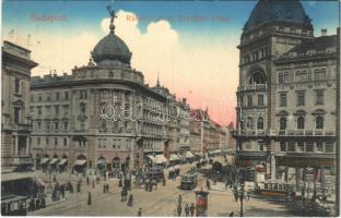 1912 Budapest VIII. Rákóczi út és Erzsébet körút (Blaha Lujza tér), Takarékpénztár, villamosok, üzletek