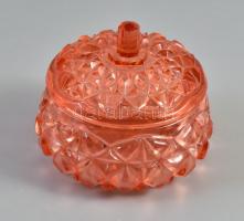Rózsaszín üveg cukortartó fedéllel, apró kopásnyomokkal, m: 9 cm, d: 12 cm