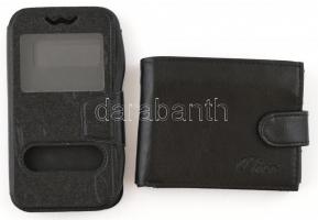 Fekete bőr pénztárca + műbőr-műanya telefon tartó, belső méret: 12,3x6x1 cm
