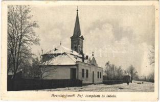 1940 Hernádnémeti, Református templom és iskola télen. Hangya szövetkezet kiadása (fl)