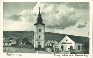 1932 Aggtelek, Torony, iskola és Baradla-hegy. MKE gömöri osztályának kiadása (apró lyuk / tiny pinhole)