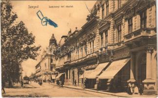 1912 Szeged, Széchenyi tér, Lányi János cukrászdája, Weber Mátyás üzlete, villamos (EB)